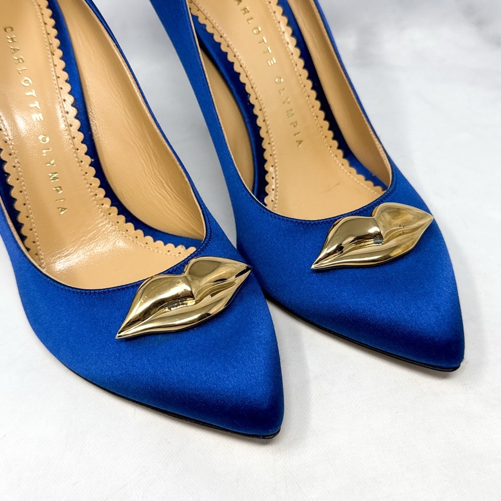 Charlotte Olympia Lippy Eva Metal Lips Silk Satin Pointed Toe Stiletto Heel Pump